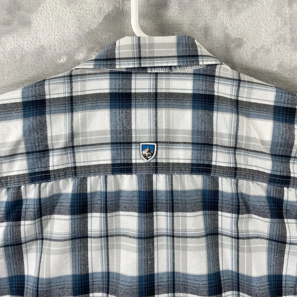 KUHL Shirt Mens Large STYK Button Up Blue Plaid Short Sleeve Pockets Outdoor